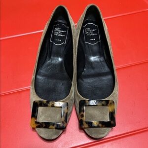 Roger Vivier Tan Suede Flats with Tortoise Accent
